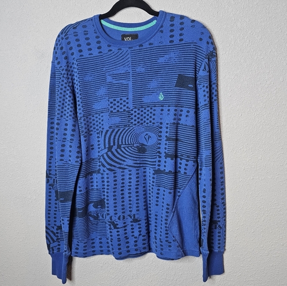 Vtg Volcom Mens L Thermal Long‎ Sleeve Tee Shirt Blue 90s Ski Snowboard Preppy - Picture 1 of 13